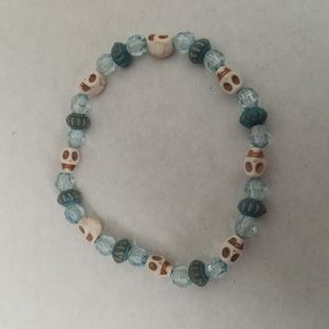 Skull and pastel crystal beaded Gothic statement bracelet stretchy hand crafted